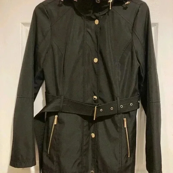 New Michael Kors Raincoat Womens w/ Belt Hideaway Zip Hood Black Sz. XS NWT - Picture 8 of 9